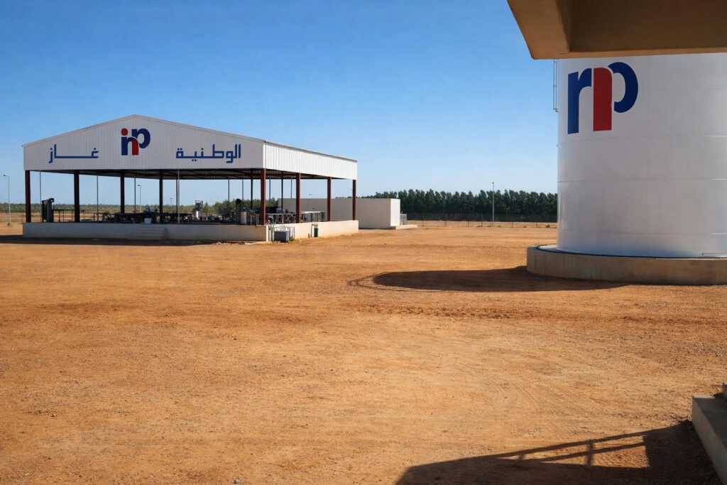 منظور واسع لمنطقة العمليات في المستودع يجمع بين خزان التخزين الاستراتيجي العمودي ووحدة تعبئة أسطوانات الغاز، مما يبرز التخطيط الهندسي للمنشأة.