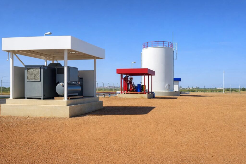 وحدة الطاقة والمرافق المساندة في المستودع، تظهر فيها مولدات الطاقة الكهربائية المحمية ومضخات الحريق بجانب خزان المياه الرئيسي لضمان استمرارية العمليات والسلامة.