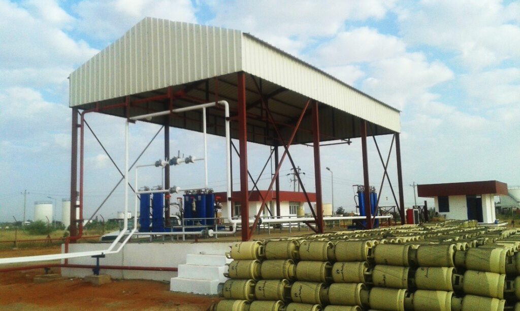 LPG Bottling Plant showing the storage area organized under protective canopies to ensure the safety of cylinders and processes.