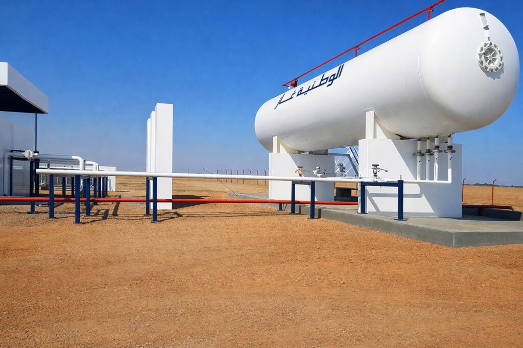 The main storage tank in the Dongola warehouse with the associated feeding and distribution pipe network, showing the engineering design of the site that takes into account safe distances between storage units and operations.